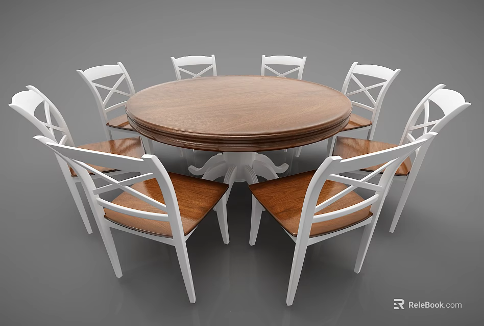Round Wooden Dining Table Set With Six White Cross Back Wooden Seat Chairs 3d model 