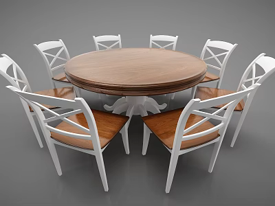 Round Wooden Dining Table Set With Six White Cross Back Wooden Seat Chairs 3d model