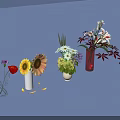 Colorful Flowers In Glass And Ceramic Vases With Blue Background And Shadows