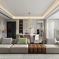 Modern Dining and Living Room With Sofa Coffee Table Chandelier And Floor To Ceiling Window