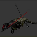 Sci Fi Character In Mechanical Armor Holding Red Lightsaber Standing Pose