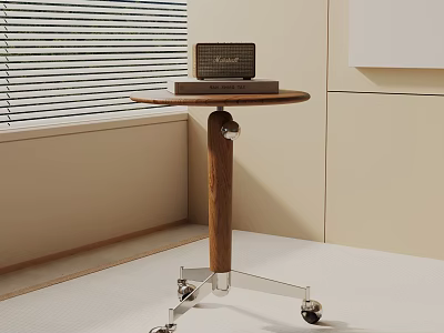 Modern Wooden Top Metal Frame Side Table with Rolling Casters by Window Blinds 3d model