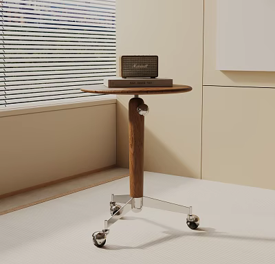 Modern Wooden Top Metal Frame Side Table with Rolling Casters by Window Blinds 3d model