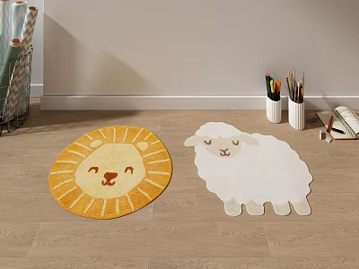 Round Carpet With Cute Lion Design In Yellow For Kids Room Wooden Floor Decor 3d model