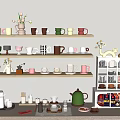 Assorted Colorful Decorative Cups Displayed On Shelves With Kitchen Items And Coffee Tools
