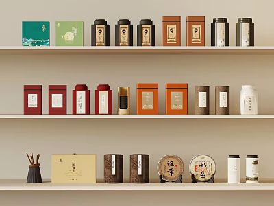Various Tea Packages And Containers On Shelf Display With Different Colors 3d model