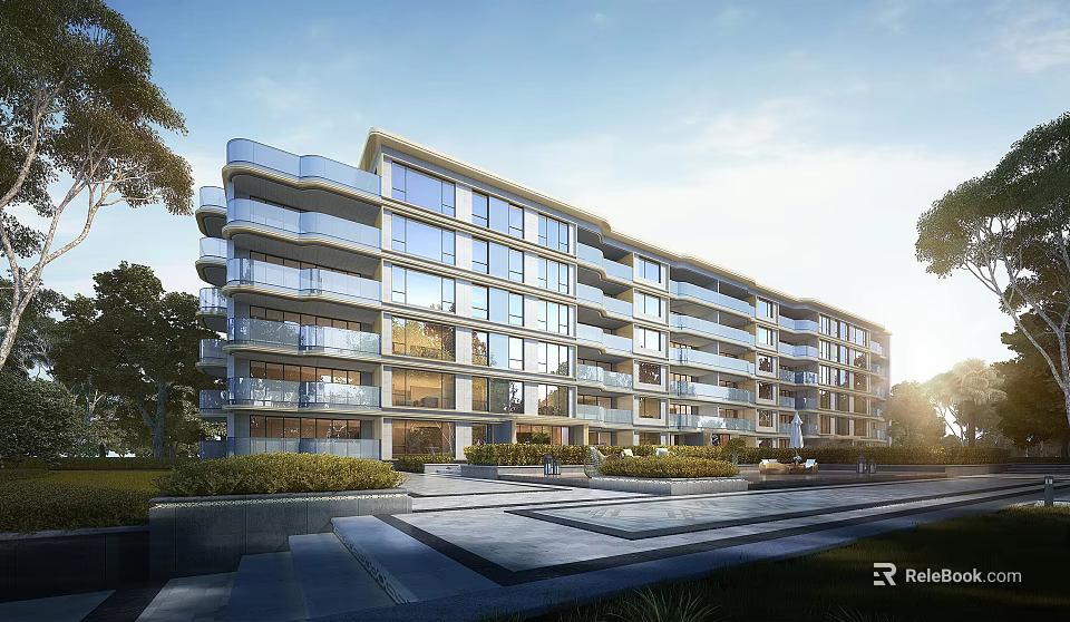 Modern Apartment Building With Glass Facade Balconies And Landscaped Plaza 3d model 