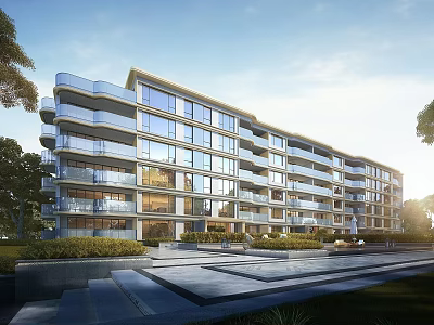 Modern Apartment Building With Glass Facade Balconies And Landscaped Plaza 3d model