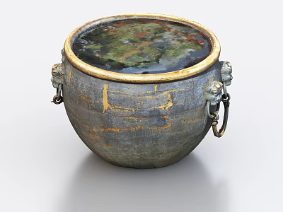Drum Shaped Ceramic Vessel With Golden Rim Metal Rings Inner Green Moss And Weathered Texture 3d model