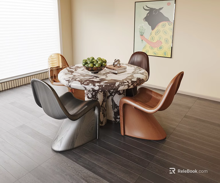 Elegant Modern Dining Table Set with Round Marble Top and Brown Black Chairs 3d model 