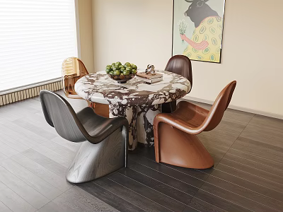 Elegant Modern Dining Table Set with Round Marble Top and Brown Black Chairs 3d model