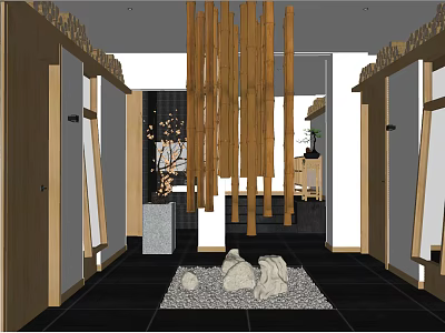Modern Natural Restaurant Interior With Wooden Pendant Lights Stone Decor And Plants 3d model