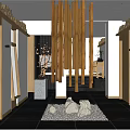 Modern Natural Restaurant Interior With Wooden Pendant Lights Stone Decor And Plants