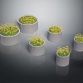 Yellow Flowers In Multiple Gray Cylindrical Planters Arranged On Dark Background