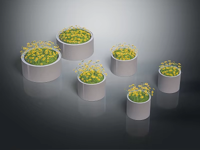 Yellow Flowers In Multiple Gray Cylindrical Planters Arranged On Dark Background 3d model