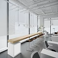 Modern Public Office Space With Open Layout White Desks And Wooden Bookshelves