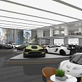 Car Dealership Interior With Luxury Sports Cars Display Wall And Lounge Area