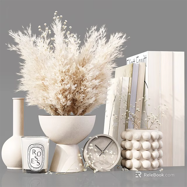 Stylish Decorative Ornament Set With Dried Pampas Grass Vase Books Clock And Spherical Figurines 3d model 