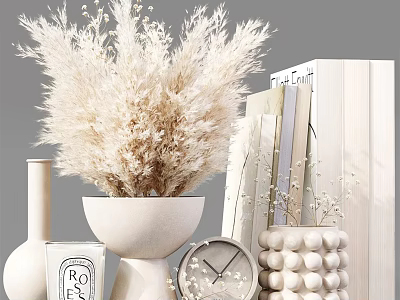 Stylish Decorative Ornament Set With Dried Pampas Grass Vase Books Clock And Spherical Figurines 3d model