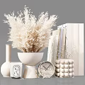 Stylish Decorative Ornament Set With Dried Pampas Grass Vase Books Clock And Spherical Figurines