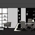 Modern Minimalist Office Interior Design With Office Desk Chairs Bookshelf And Floor to Ceiling Windows