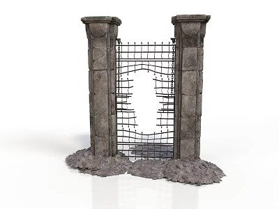 Ancient Stone Pillars With Iron Gate Featuring Central Hole And Rubble Base 3d model