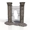 Ancient Stone Pillars With Iron Gate Featuring Central Hole And Rubble Base 3d model
