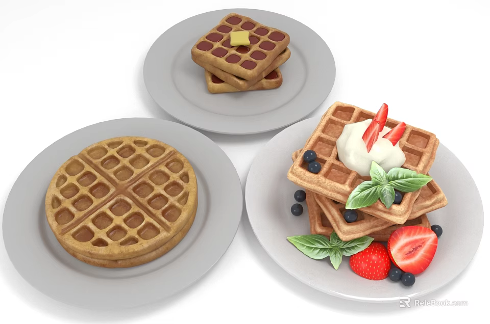 Delicious Waffles Served On Plates With Butter Strawberries Blueberries And Cream 3d model 