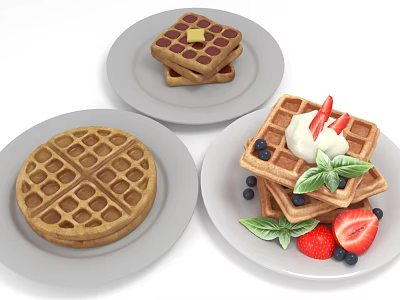 Delicious Waffles Served On Plates With Butter Strawberries Blueberries And Cream 3d model