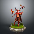 Armored Female Warrior With Horns And Red Dragon Creatures On Grass Rock Base