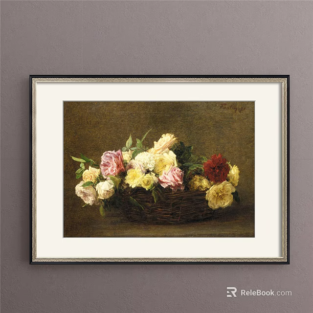 Botanical Painting With Basket Of Various Colored Roses Framed Dark Background Gold Border 3d model 