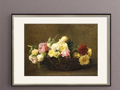 Botanical Painting With Basket Of Various Colored Roses Framed Dark Background Gold Border 3d model