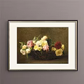 Botanical Painting With Basket Of Various Colored Roses Framed Dark Background Gold Border
