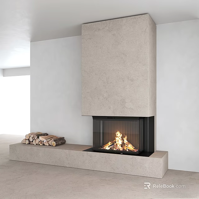 Modern Stone Fireplace With Burning Fire And Stacked Firewood On Platform 3d model