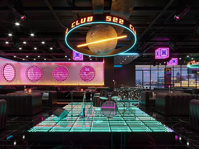 Modern Bar Interior With Neon Lights Moon Decor And Glowing Floor Tiles 3d model