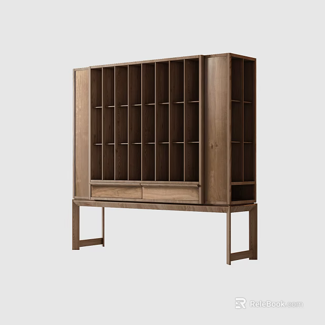 Modern Wooden Decorative Cabinet With Multiple Open Shelves And Bottom Drawers 3d model 