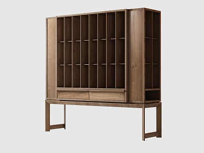 Modern Wooden Decorative Cabinet With Multiple Open Shelves And Bottom Drawers 3d model