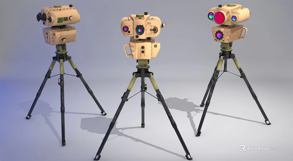 Advanced Industrial Equipment Tripod Mounted Optical Sensors With Multi Colored Lenses 3d model 