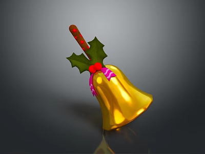 Festive Golden Bell Decoration With Holly Leaves Red Berries And Pink Ribbon 3d model