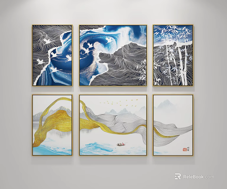 Modern Abstract Wall Art Paintings With Waves Bamboo Golden Lines And Mountain Scenery 3d model 