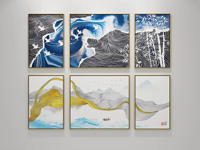 Modern Abstract Wall Art Paintings With Waves Bamboo Golden Lines And Mountain Scenery 3d model