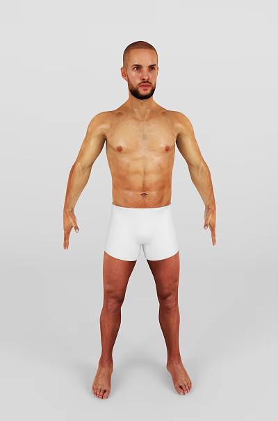 A Shirtless Man With Muscular Body And Defined Abs In White Shorts Standing 3d model