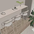 Minimalist Bar Counter With White Surface Three High Stools Light Gray Cushions And Green Plants