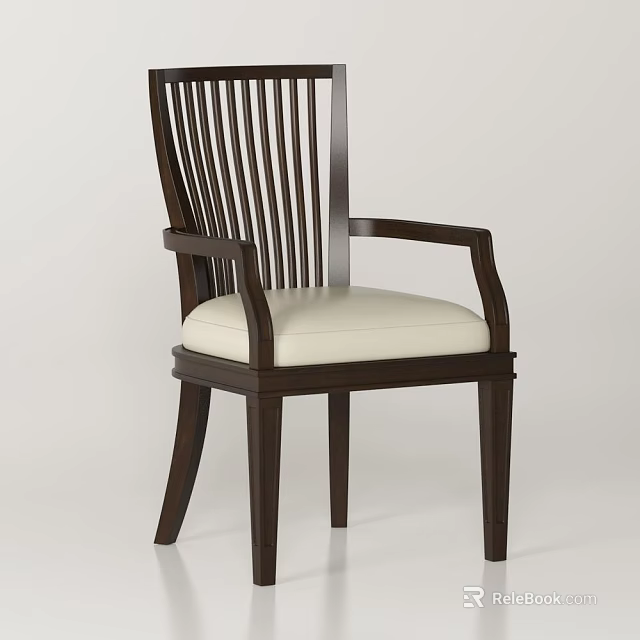 Stylish Dark Wood Dining Chair With Armrests And Light Padded Seat 3d model 