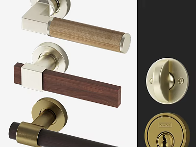 Modern Door Handles With Wooden Grips And Brass Bases Featuring Keyhole Design For Home 3d model