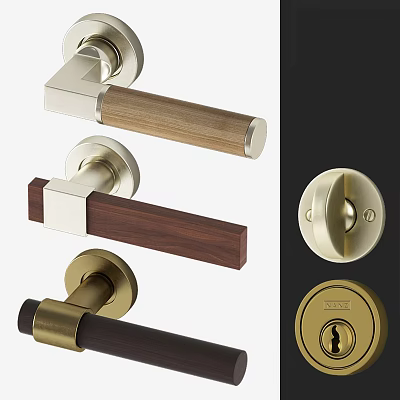 Modern Door Handles With Wooden Grips And Brass Bases Featuring Keyhole Design For Home 3d model