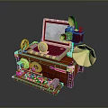 Vintage Retro Assembled Device With Red Wooden Case Golden Decorations Gramophone Horn And Typewriter