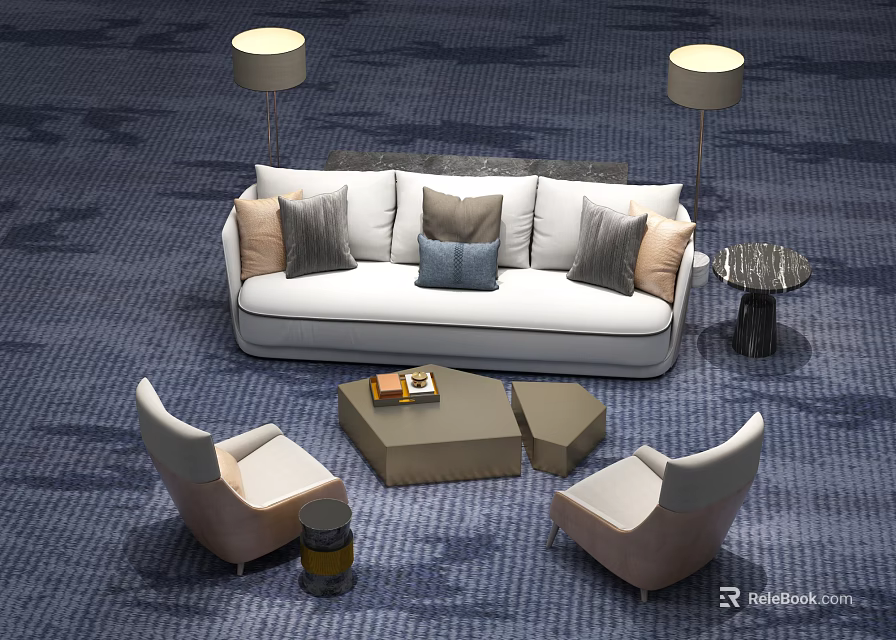 Modern Sofa and Coffee Table Set With Armchairs Throw Pillows Floor Lamps and Rug 3d model 