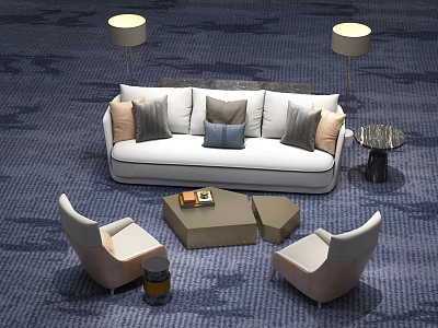 Modern Sofa and Coffee Table Set With Armchairs Throw Pillows Floor Lamps and Rug 3d model
