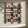 Wooden Wall Cabinet with Open Shelves Displaying Books Vases Mugs in Modern Decor